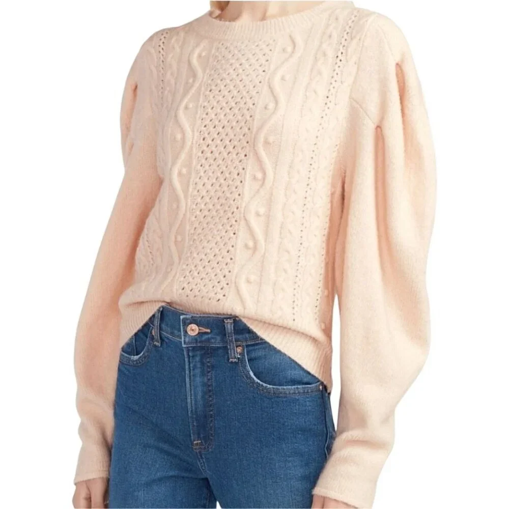 Express Blush Exaggerated Puff Sleeve Cable Knit Acrylic Wool Blend Sweater Size
